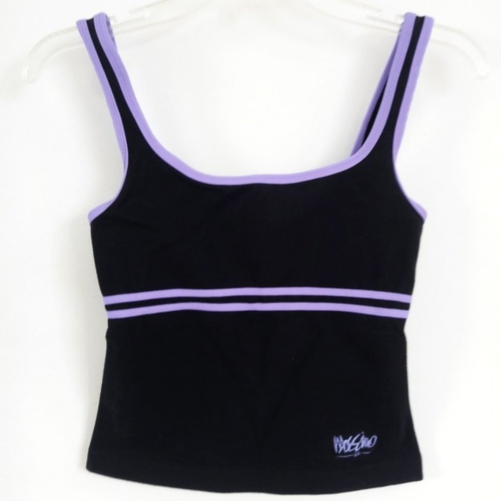 SOLD Vintage Mossimo USA Black Tank Top Purple Trim Workout Yoga Compression S - Picture 1 of 4